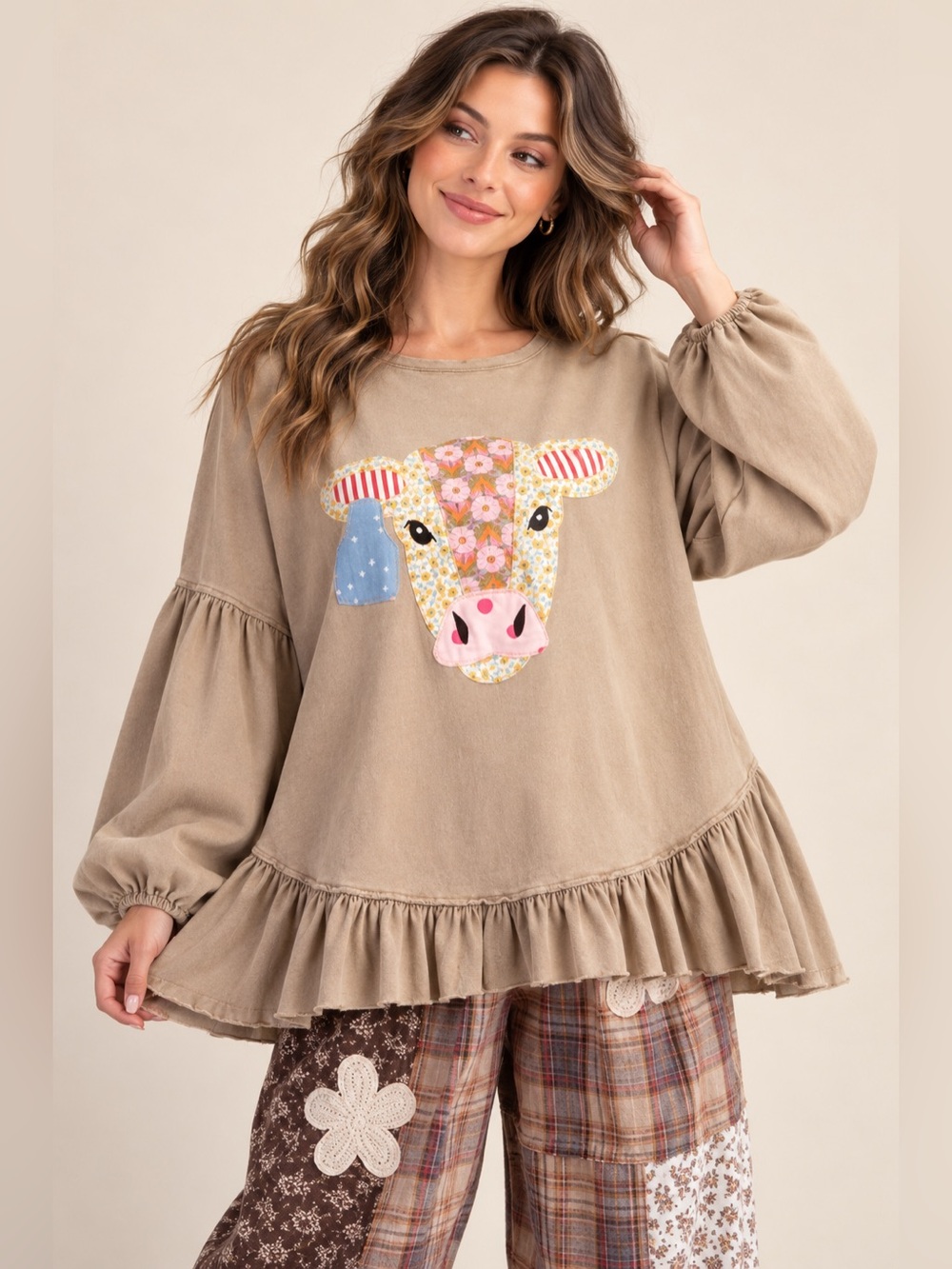 Easel Cow Patch Mineral Washed Cotton Oversized Ruffle Tunic Top Boho
